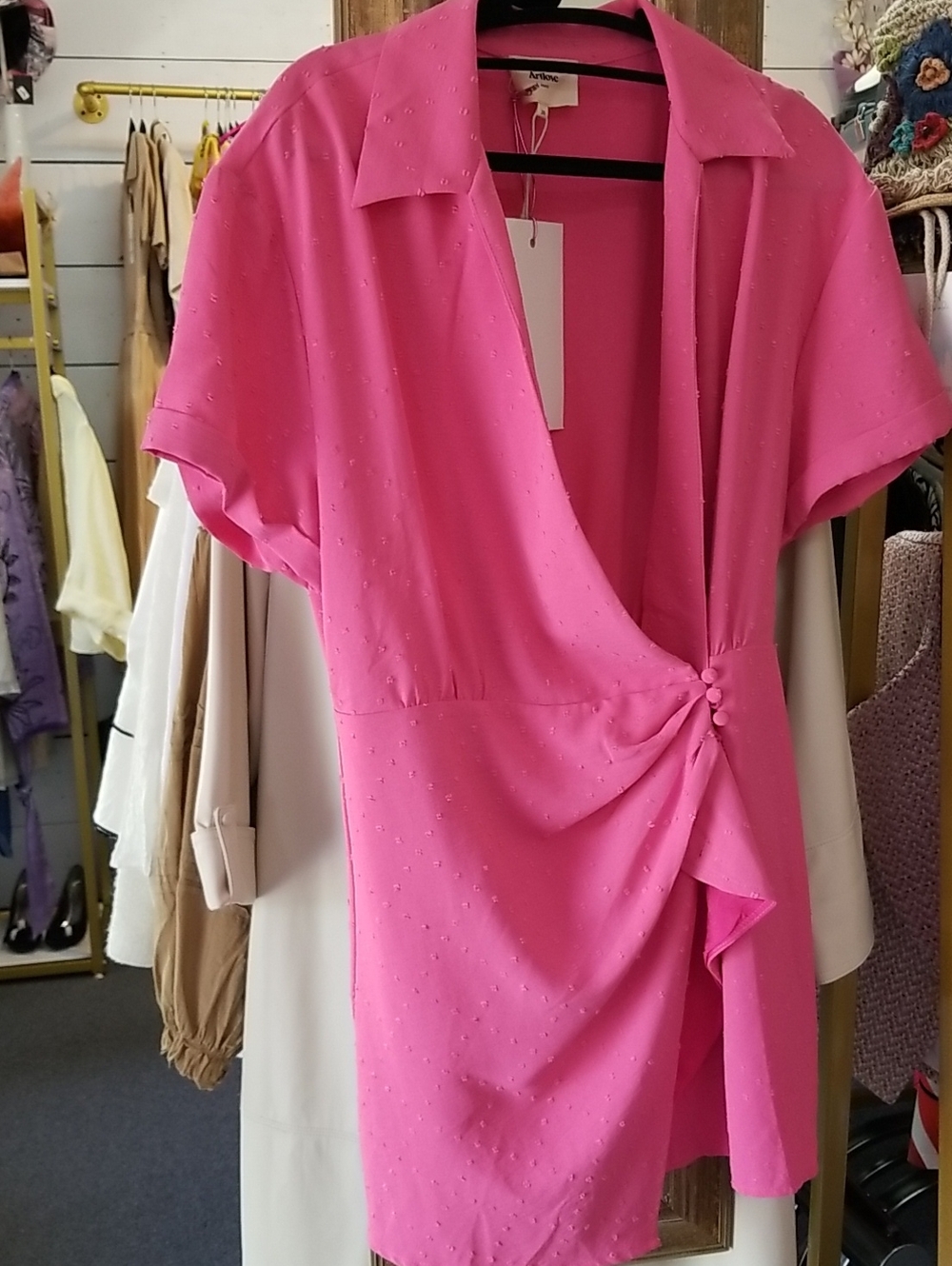 Notched Collar Hot Pink Wrap Mini Dress with Button Accents